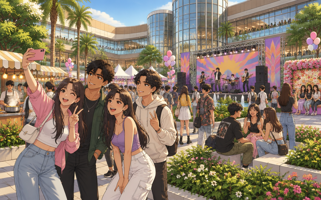 Crowds gathering in the plaza outside the mall between festival stages and food carts