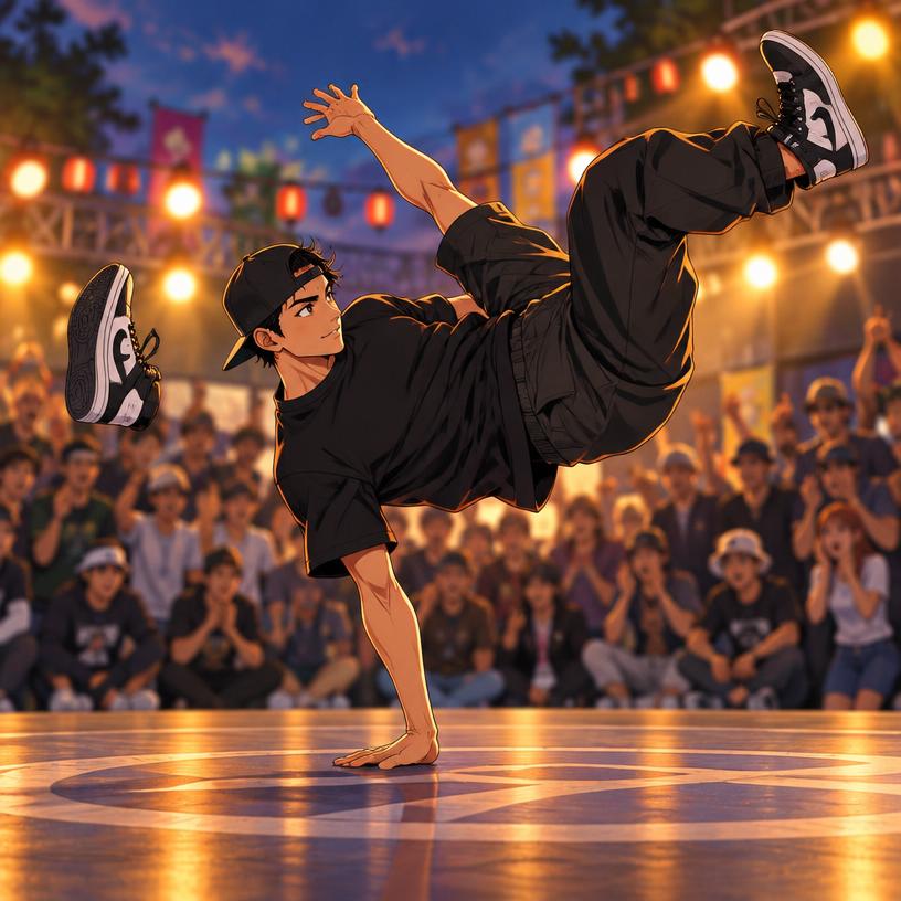 A breakdancer frozen mid-air in front of a cheering crowd