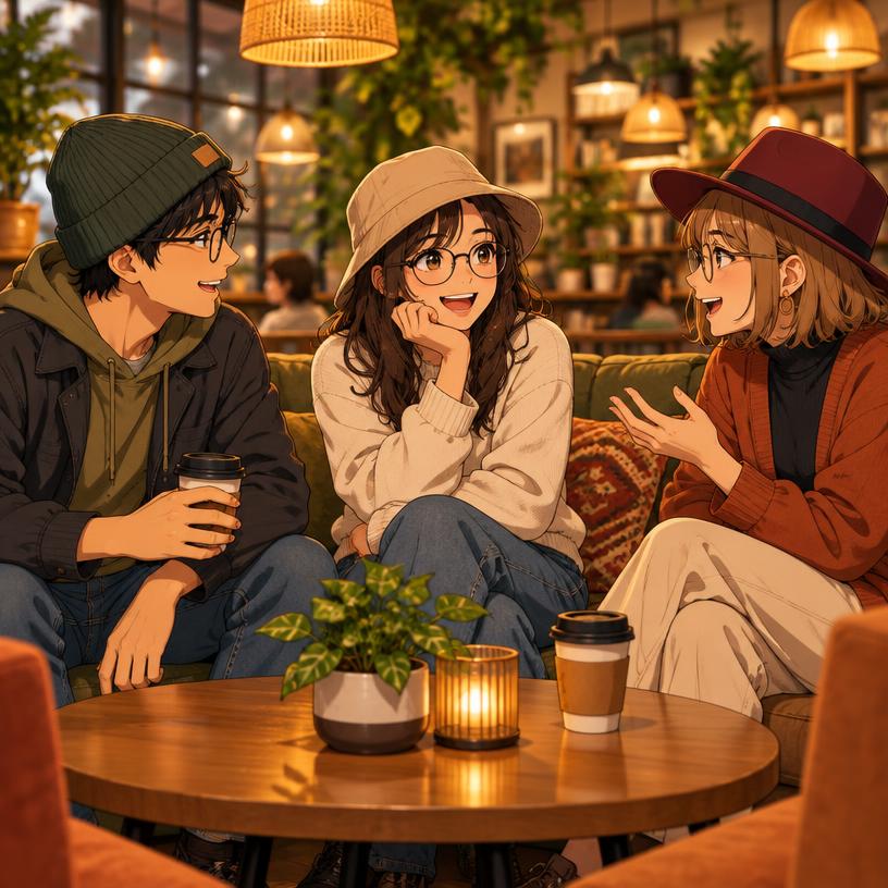 Three friends chatting in a lounge as meetup hosts