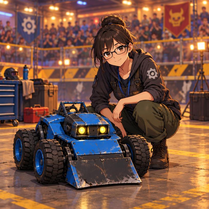 An engineer crouched beside a small combat robot at robotics war