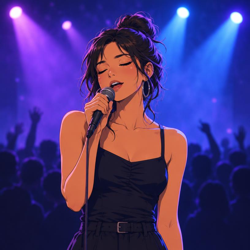 A singer with hoop earrings performing on an open mic stage