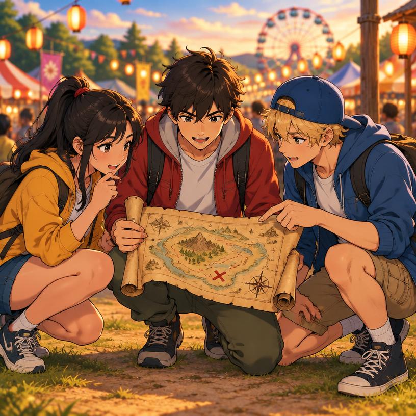 Three teenagers studying an open treasure map together
